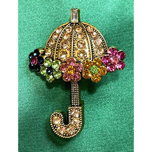 NWOT Umbrella Parasol Brooch Pin Multicolor Rhinestone Crystal Flower Retro